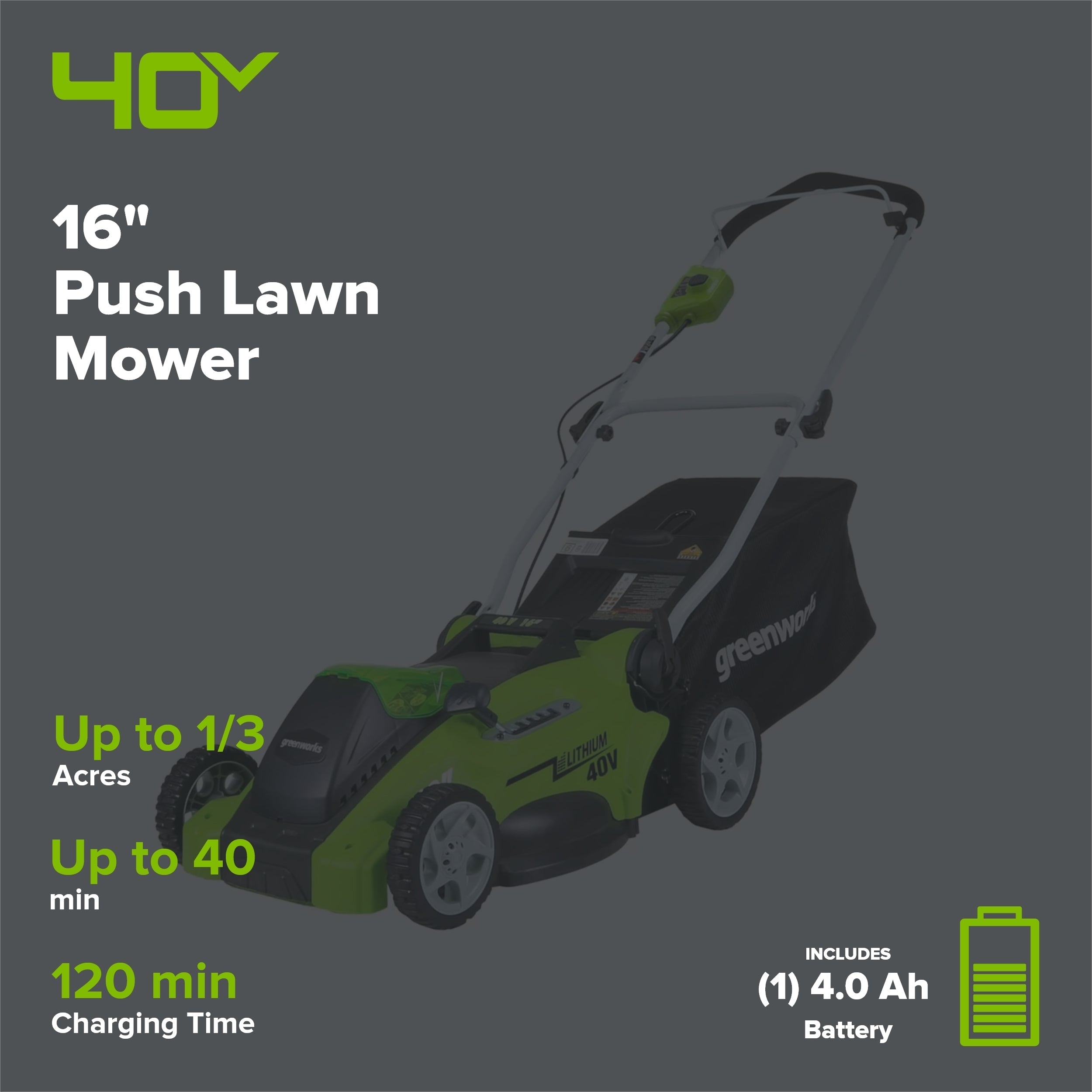 40V 16" Cordless Battery Push Lawn Mower w/ 4.0Ah Battery & Charger
