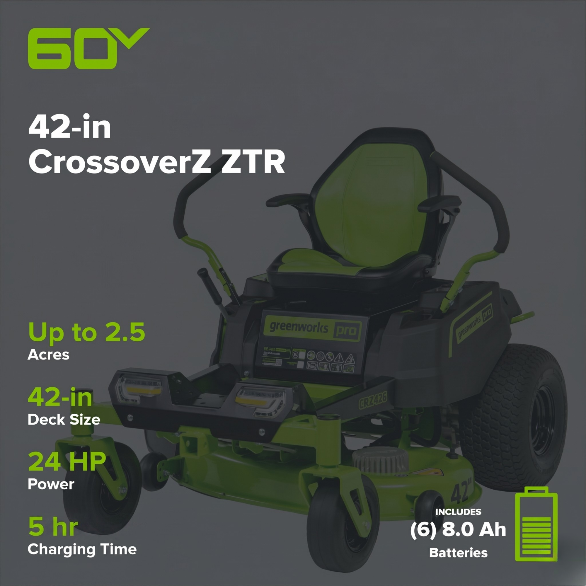 60V 42" Electric CrossoverZ Zero Turn Mower: (6) 8 Ah Batteries and 600W Wall Charger