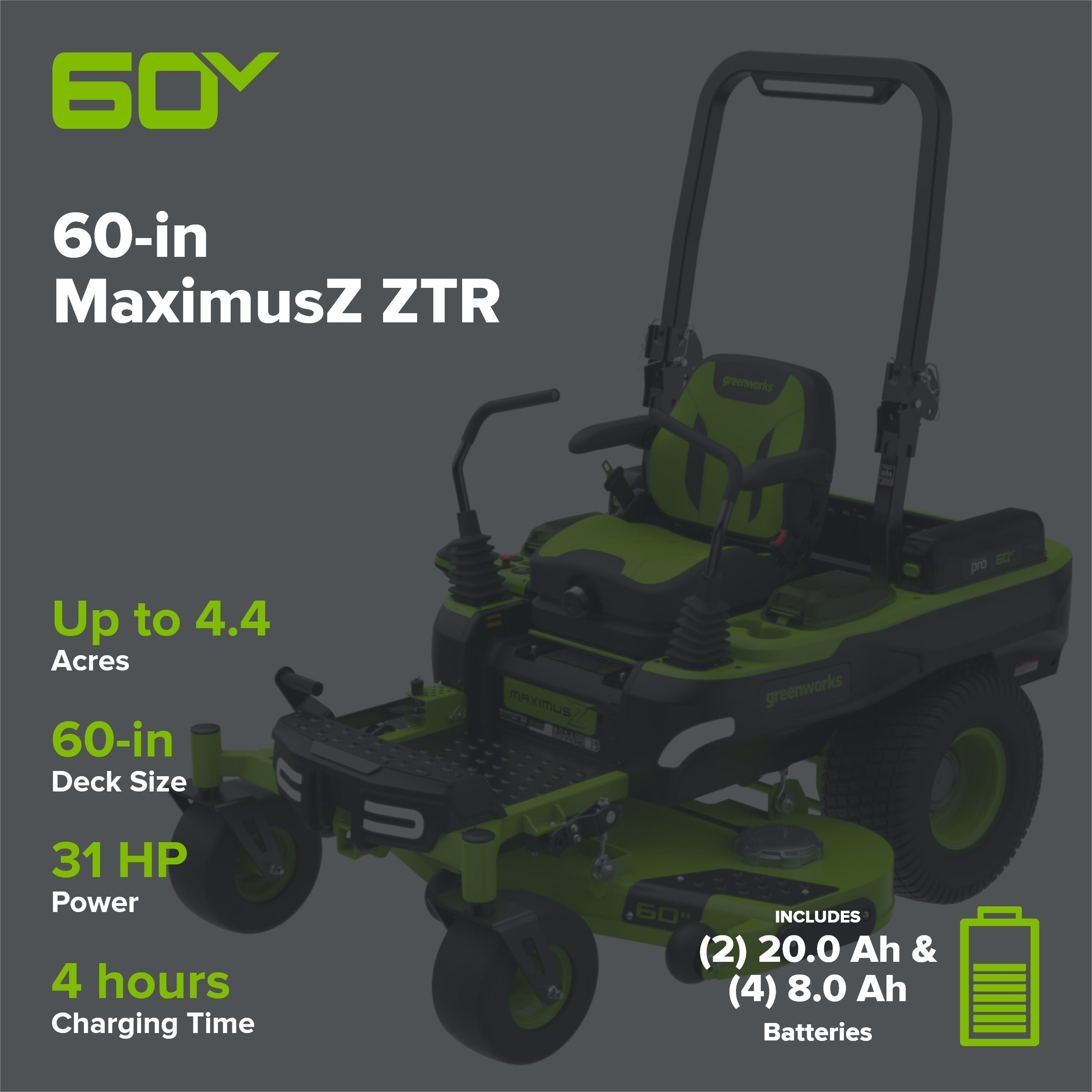 60V 60" MaximusZ Zero Turn: (2) 20.0 Ah, (4) 8.0 Ah Batteries and 1.5kW Charger