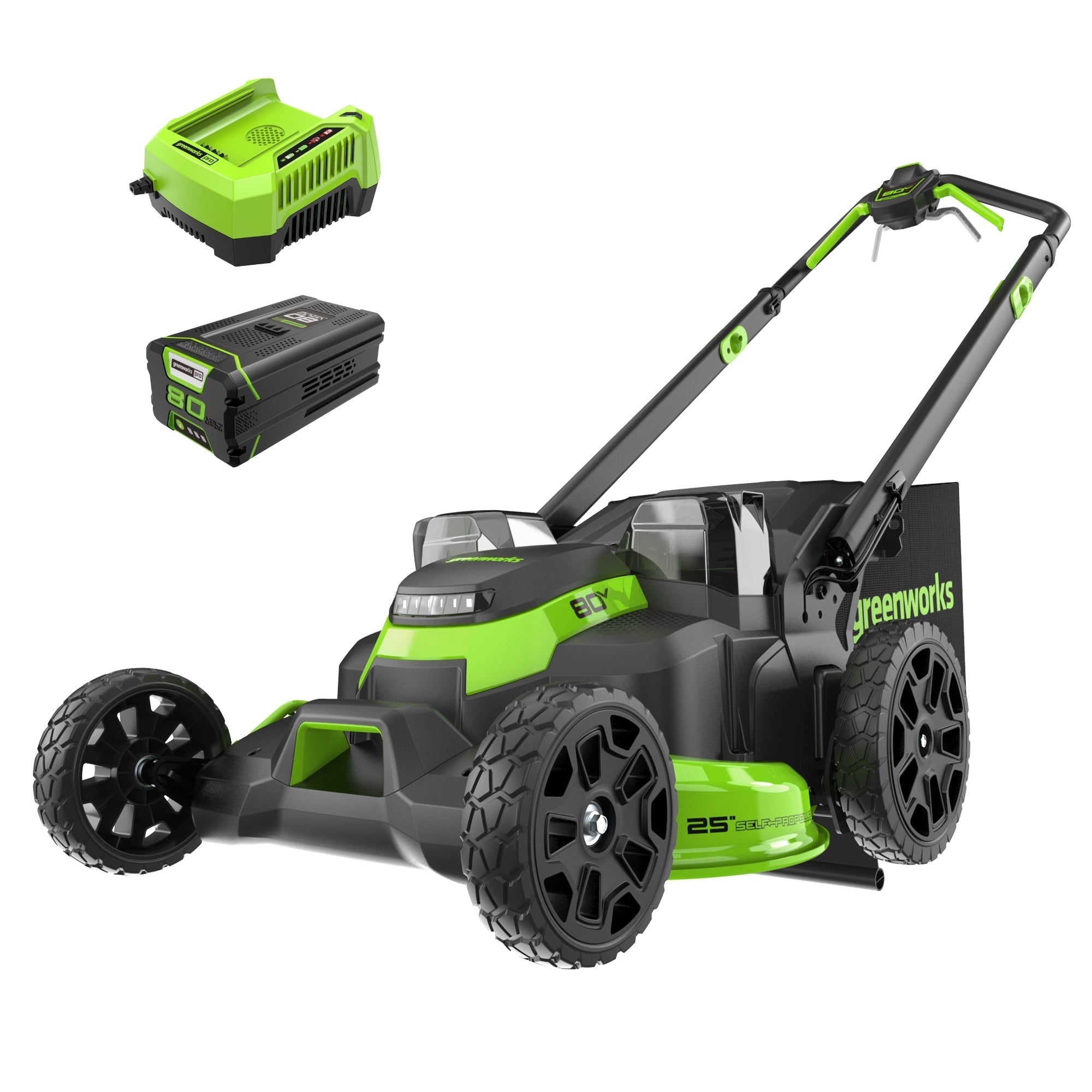 80V 25" Cordless Battery Dual Blade Self-Propelled Mower: 5.0 Ah Battery and Rapid Charger