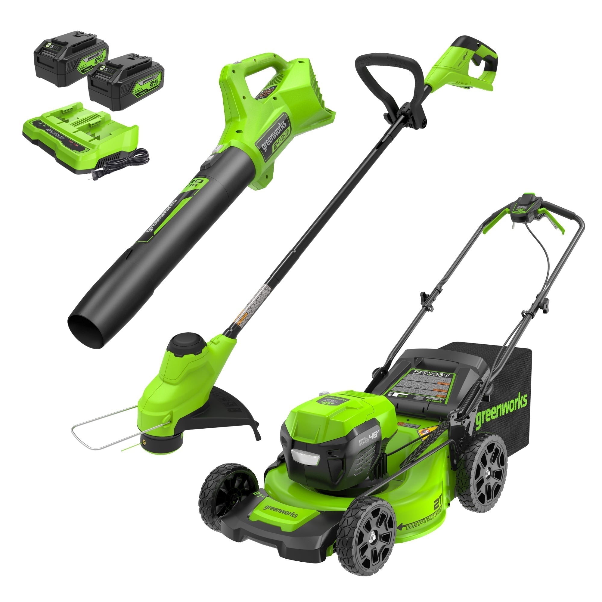 48V (24V x 2) 21" Cordless Battery Self-Propelled Mower, 12" String Trimmer and 320 CFM Blower Combo Kit: (2) 5.0Ah Batteries and Chargers