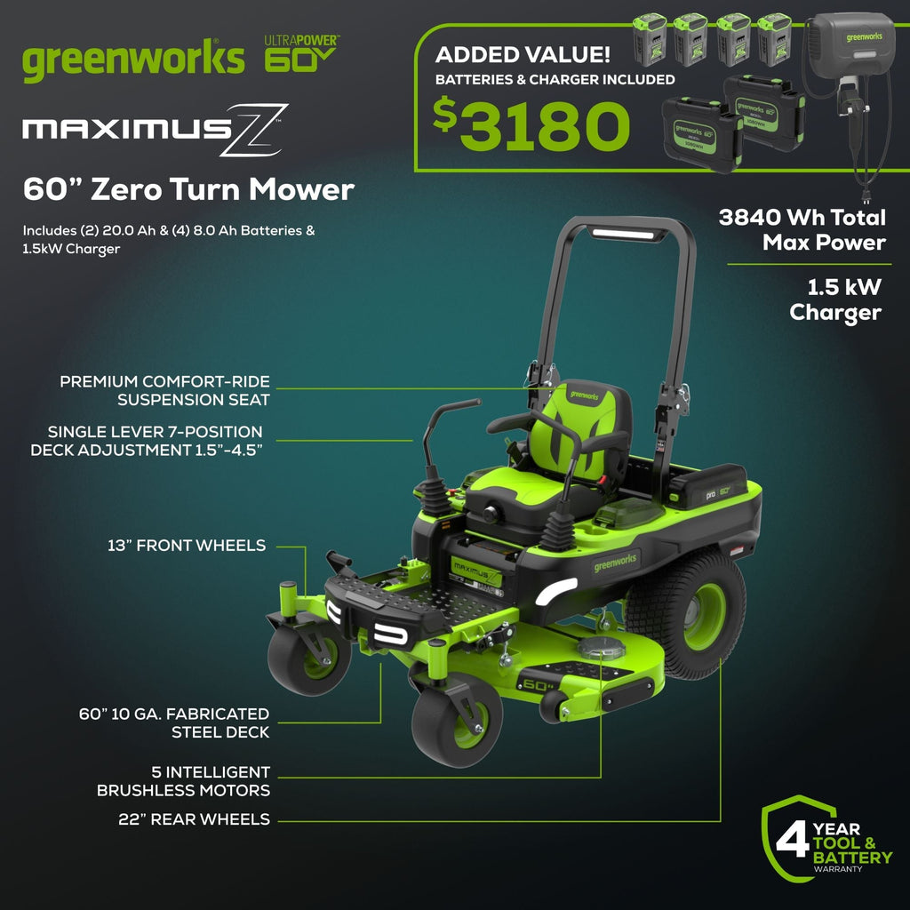 60V 60" MaximusZ Zero Turn: (2) 20.0 Ah, (4) 8.0 Ah Batteries and 1.5kW Charger
