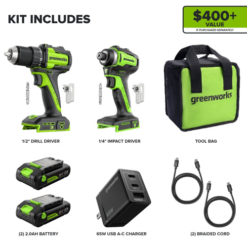 24V Cordless Battery 400 in-lbs Drill / Driver and 1950 in-lbs Impact Driver, Two(2) 2.0 Ah USB-C Batteries and 65W USB-C Fast Charger