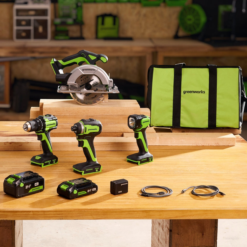 24V Brushless Power Tool 4PC Combo Kit, (1) 4.0 Ah and (1) 2.0 Ah USB-C Batteries and 65W USB-C Fast Charger