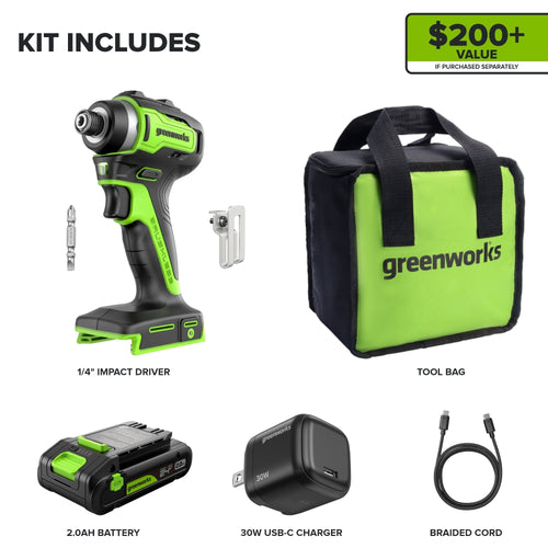 24V 1/4" 1950 in/lbs Brushless Impact Driver Kit: 2.0 Ah USB-C Batteries and 30W USB-C Fast Charger